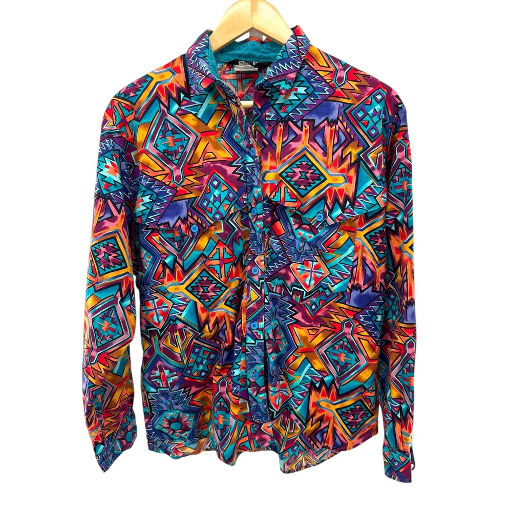 VTG Roper Aztec‎ Southwestern Neon Button Up Shirt Large Cotton Rodeo Cowboy
